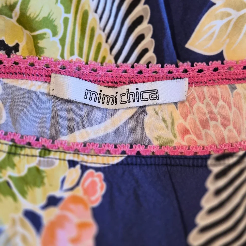 Mimi Chica Navy Floral Crane Print Midi Skirt Pink Lace Trim Medium ROY212
